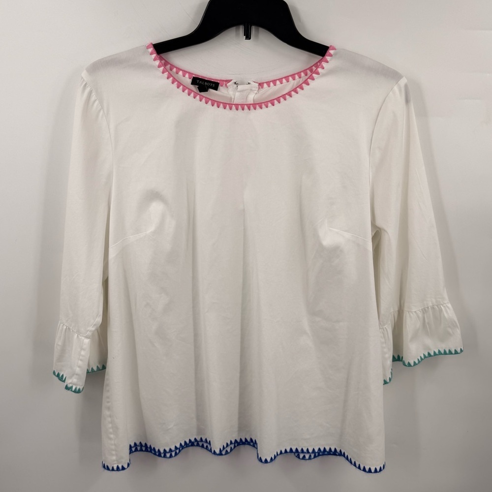 Talbots Women's Boat Neck Bell Sleeves White Contrasting Embroidered Size XL